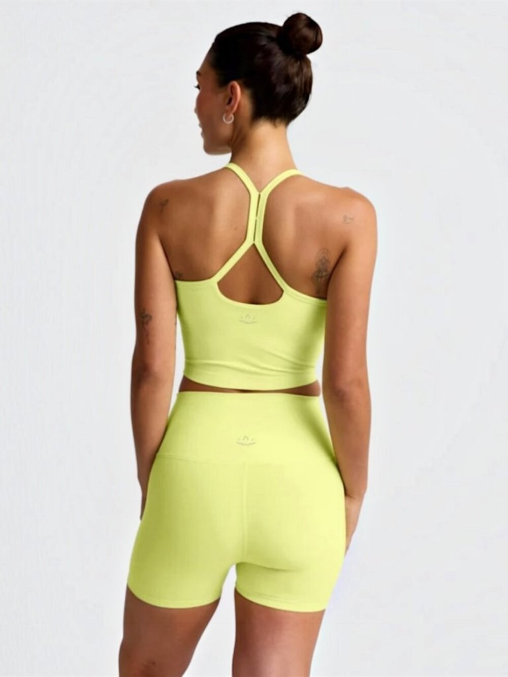 Beyond Yoga set racer tank & high rise biker 3" short citrus pop yellowgreen M/L